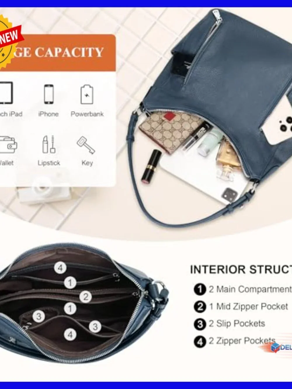 Genuine Leather Hobo Shoulder Bag Crossbody with Multiple Pockets
